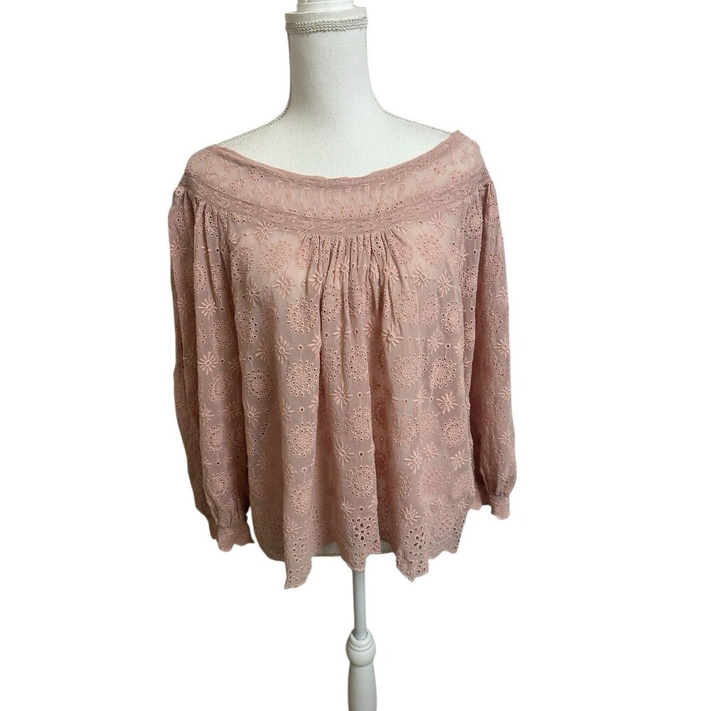 Love Shack Fancy Women's L Ruth Tie Neck Blouse Melrose Boho Lace Eyelet Viscose